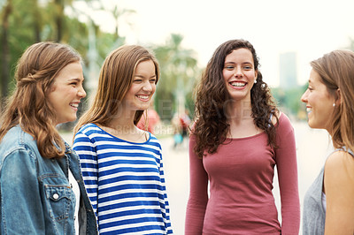 Buy stock photo Group of teen friends standing together and smiling while outdoors
