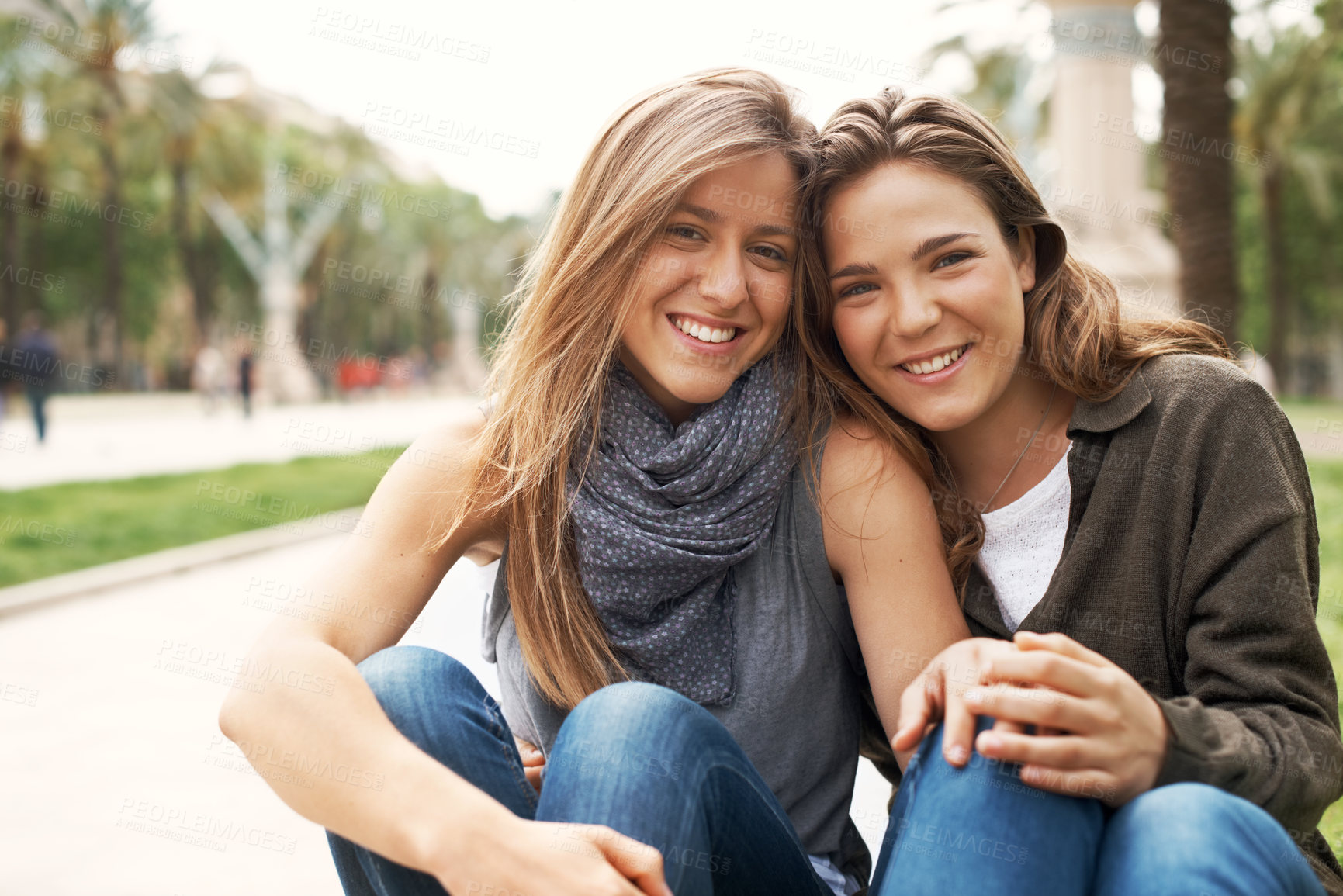 Buy stock photo Smile, portrait and college with friends on campus for education growth, bonding and future. University opportunity, happy and pride with people outdoor for development, study and gen z students