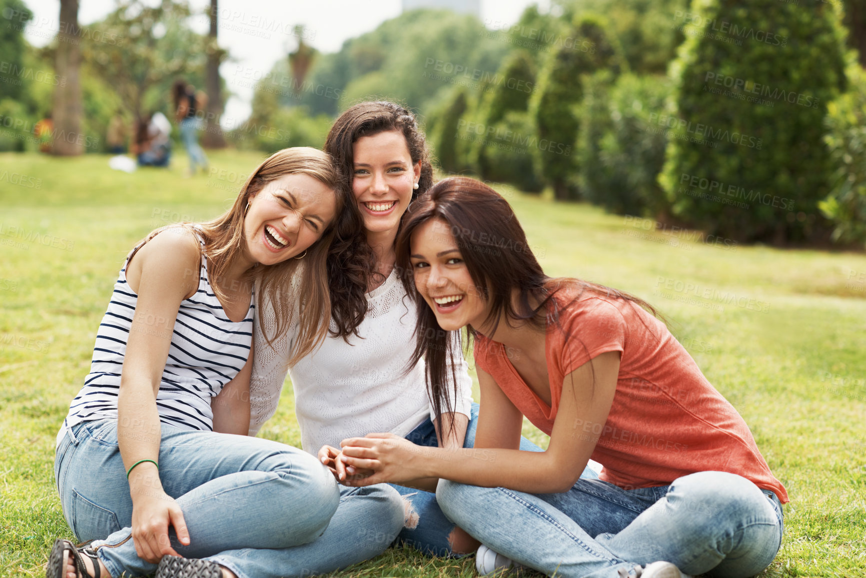 Buy stock photo Laugh, relax and portrait of friends in park for college break, summer vacation or bonding. Happy, weekend and university holiday with women outdoor for gen z hangout, support and social gathering