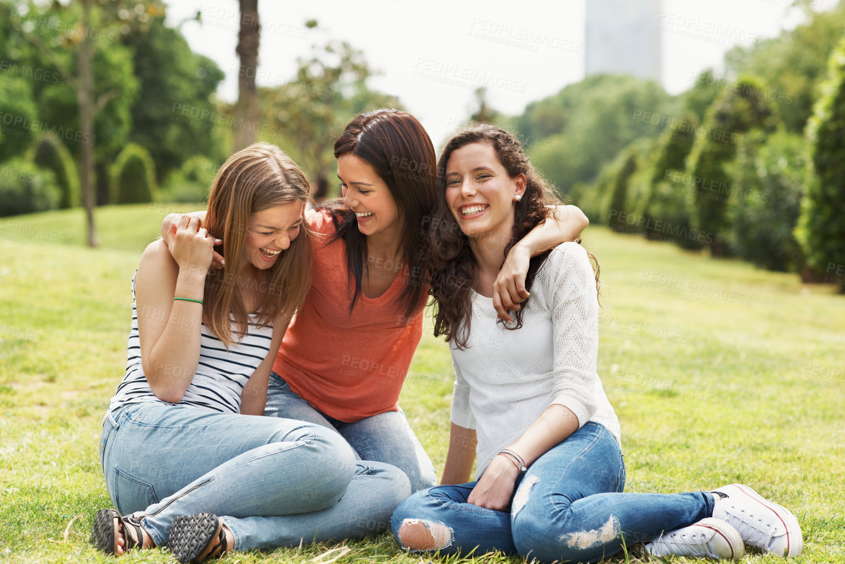 Buy stock photo Laugh, relax and grass with friends in park for college break, summer vacation or bonding. Happy, weekend and university holiday with women outdoor for gen z hangout, support and social gathering