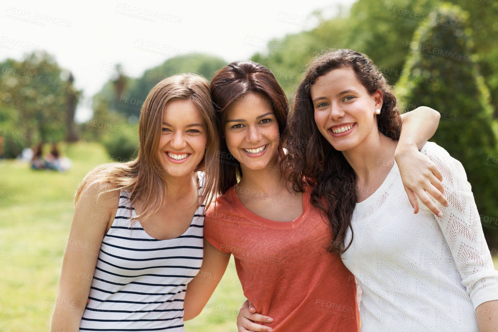 Buy stock photo Smile, support and portrait of friends in park for college break, summer vacation or bonding. Happy, weekend and university holiday with women outdoor for gen z hangout, hug and social gathering