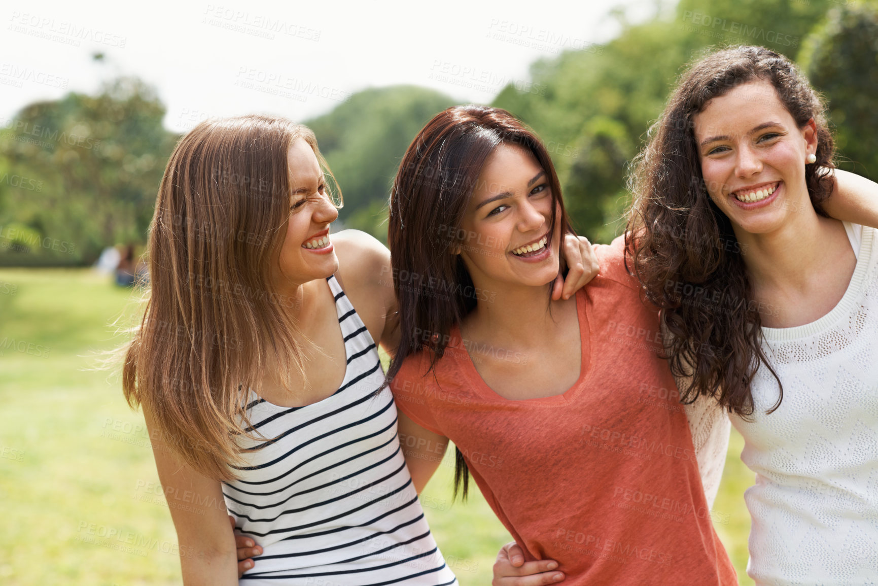Buy stock photo Smile, hug and laugh with friends in park for college break, summer vacation or bonding. Happy, portrait and university holiday with women outdoor for gen z hangout, support and social gathering