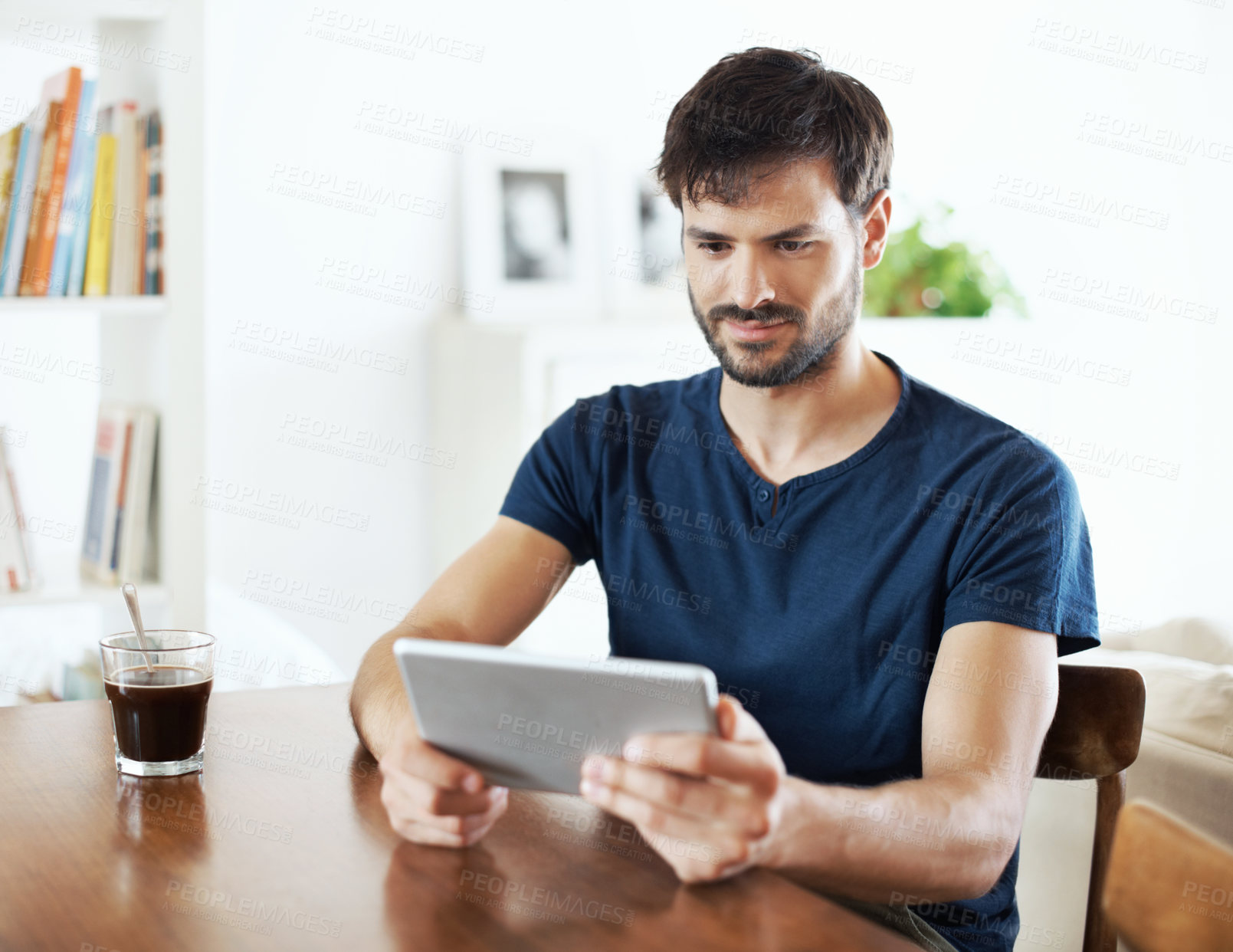 Buy stock photo Relax, man and reading on tablet in home for morning news, social media browsing or notifications. Digital, person or technology in apartment for online daily bulletin, streaming service or blog post