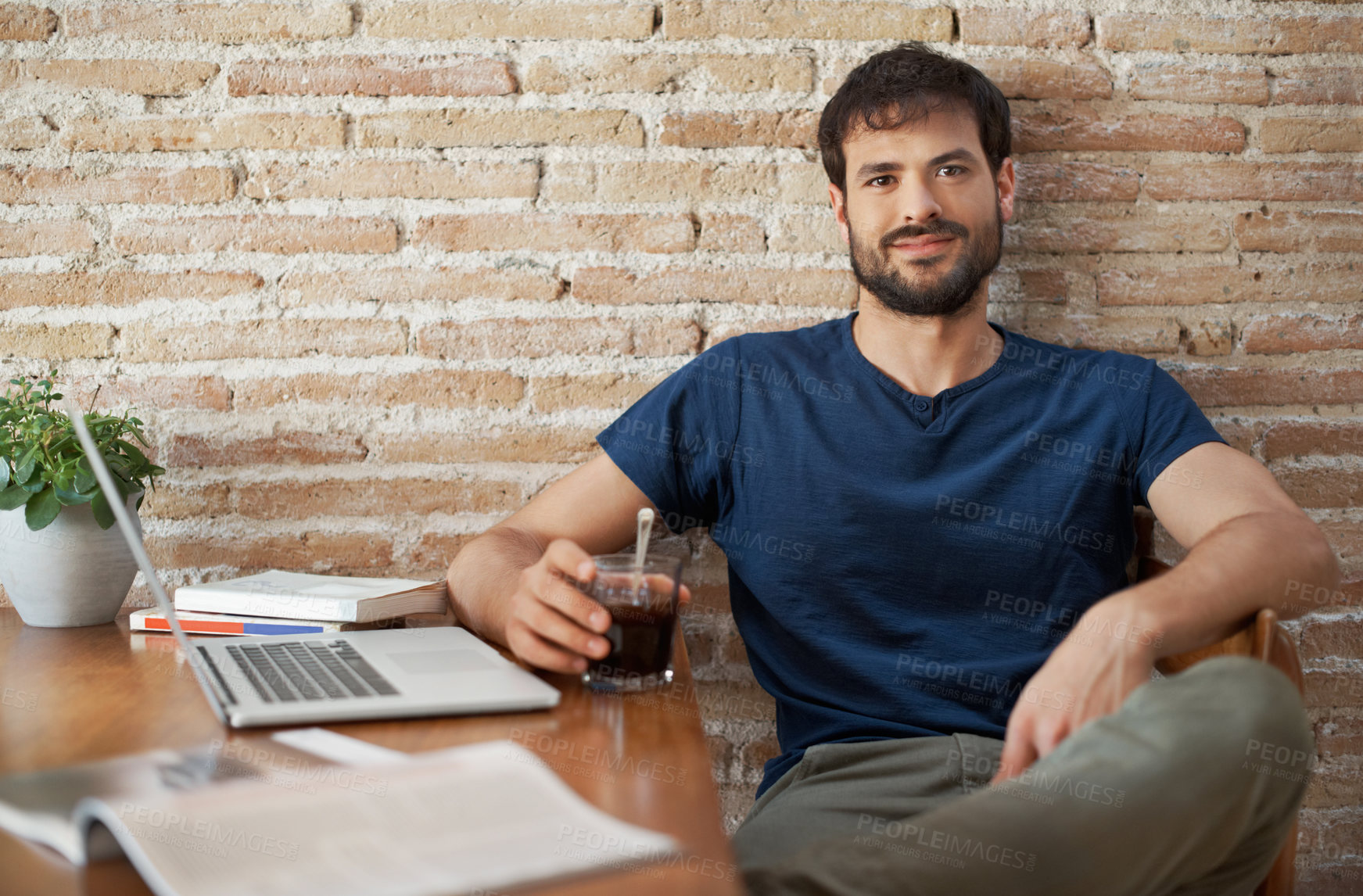 Buy stock photo Laptop, drink and freelancer with portrait of man in home for magazine editor, research and planning. Article publishing, remote work and copywriting with person and tech in house for project