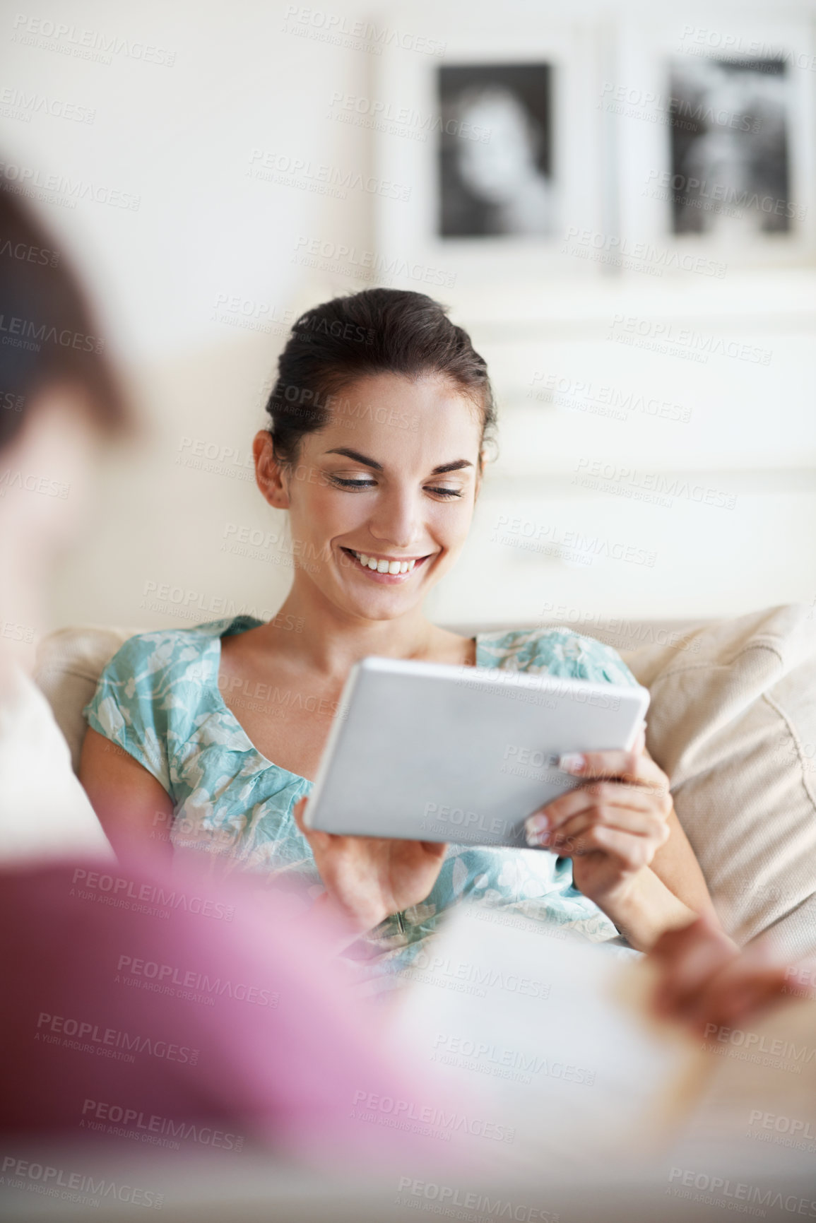 Buy stock photo Smile, tablet and scroll with woman on sofa in home calm, streaming and relax with ebook. Virtual library, search and connection with person in living room in house for peace, online novel or reading
