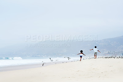Buy stock photo An African-American brother and sister running on the beach towards seagulls