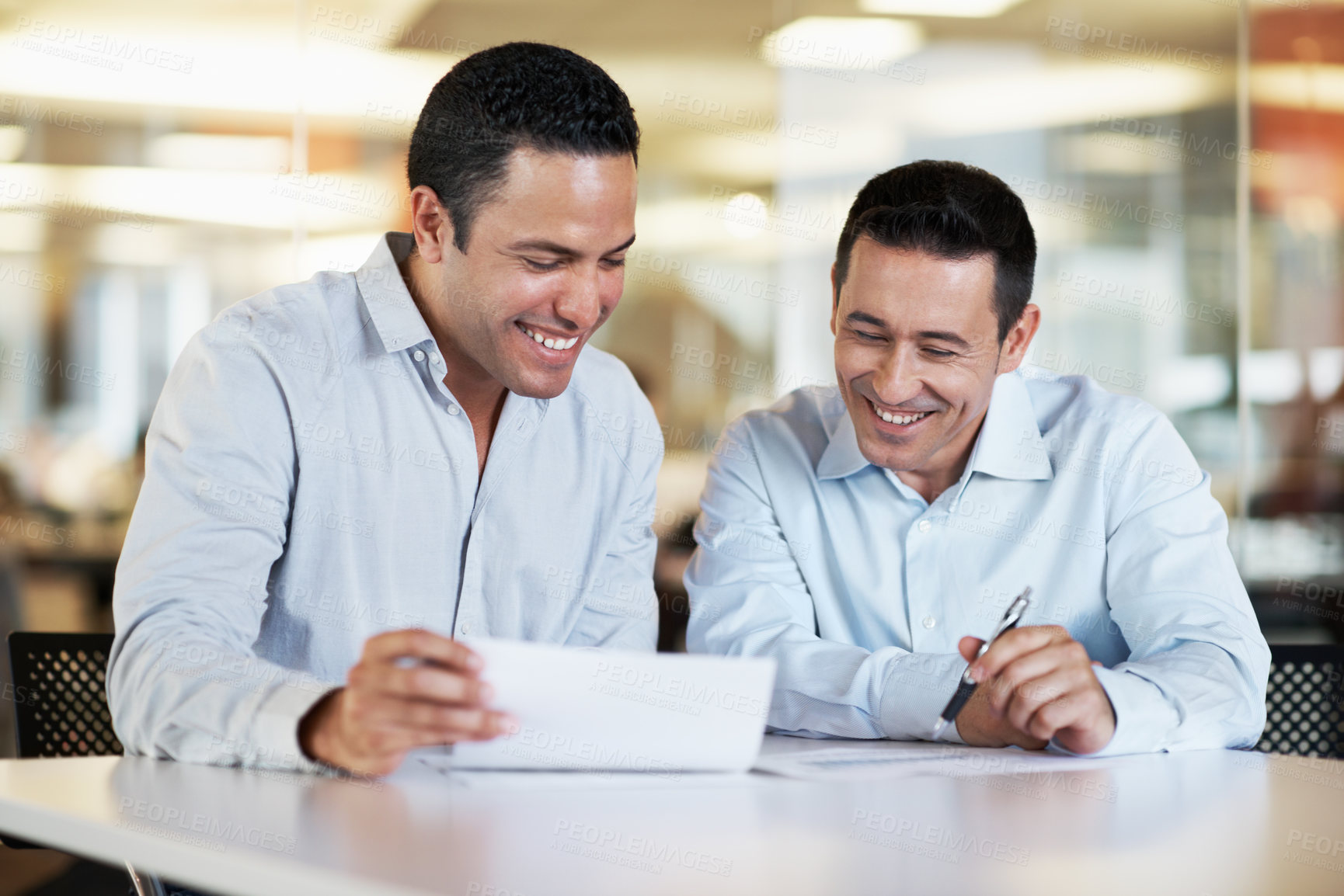 Buy stock photo Happy, people and lawyer in meeting with document, case file and witness statement for legal trial. Attorney, team and review paperwork for evidence, lawsuit investigation and agenda for court summon