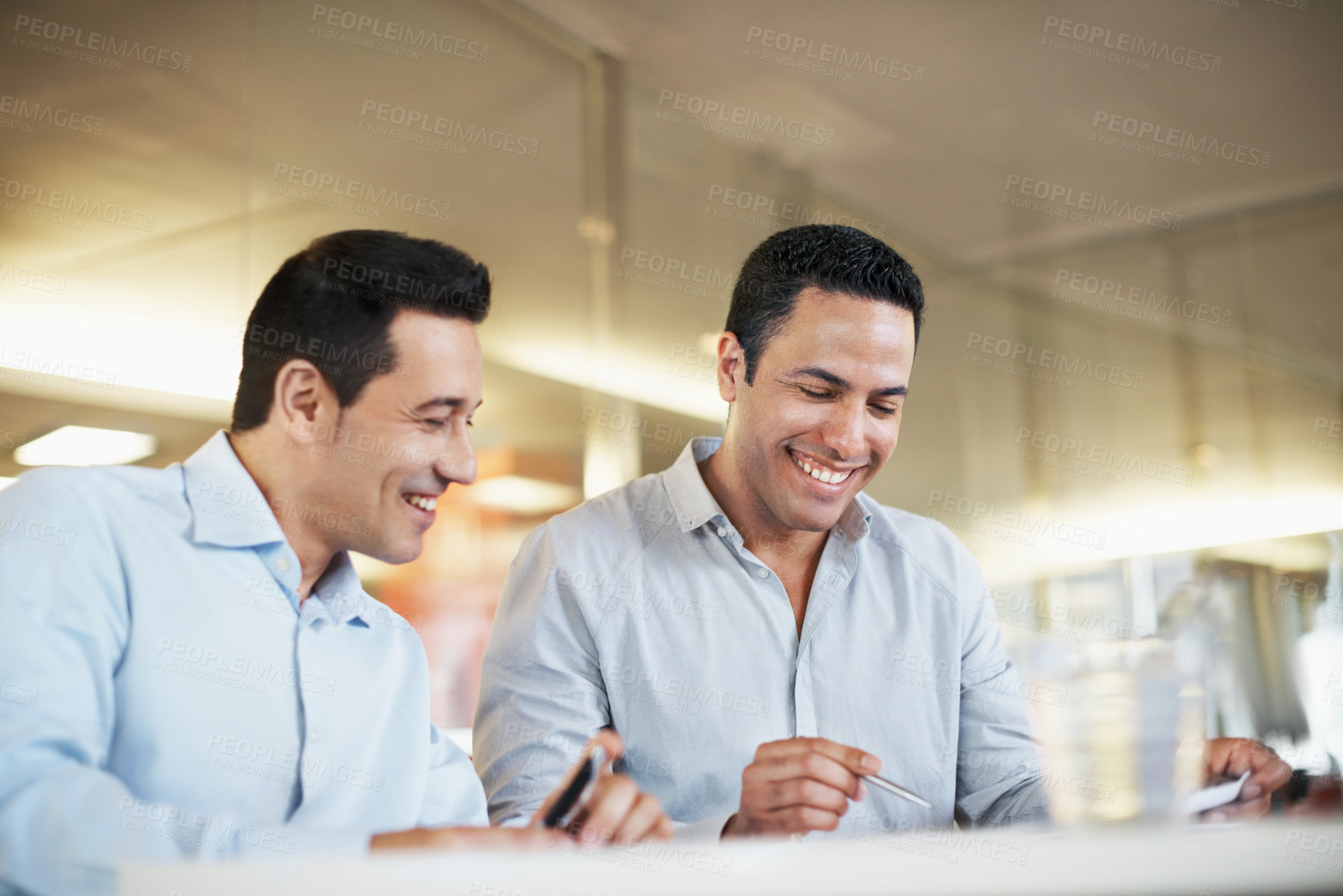Buy stock photo Meeting, planning and smile with business people in office for investment banker, discussion and review. Stock portfolio, partnership and conversation with men in agency for team and advisor
