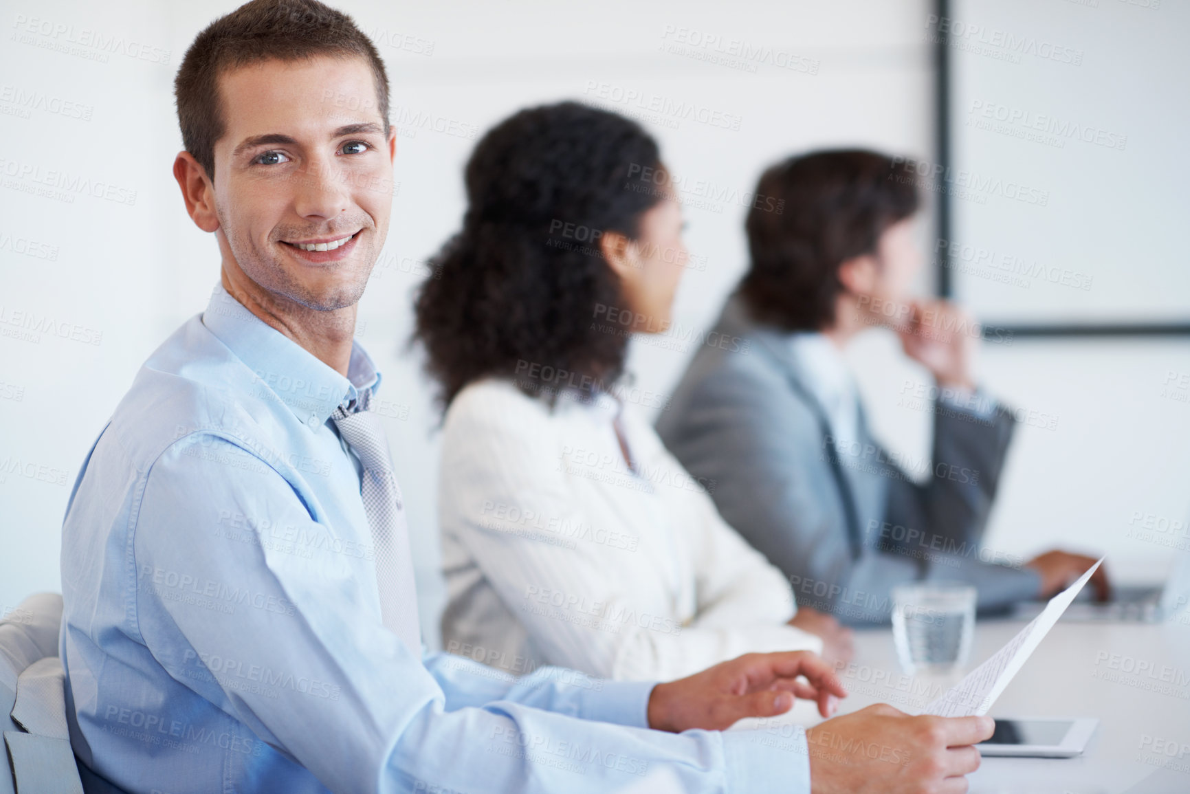 Buy stock photo Happy, meeting and portrait of business man in office for stock market analysis, about us and pride. Trading advisor, team and broker consultant with employees in boardroom for finance workshop