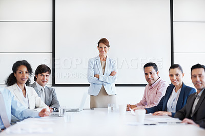 Buy stock photo Group portrait of staff members during a conference