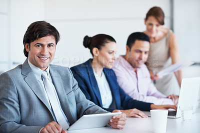 Buy stock photo Portrait of a businessman during a seminar with a female manager