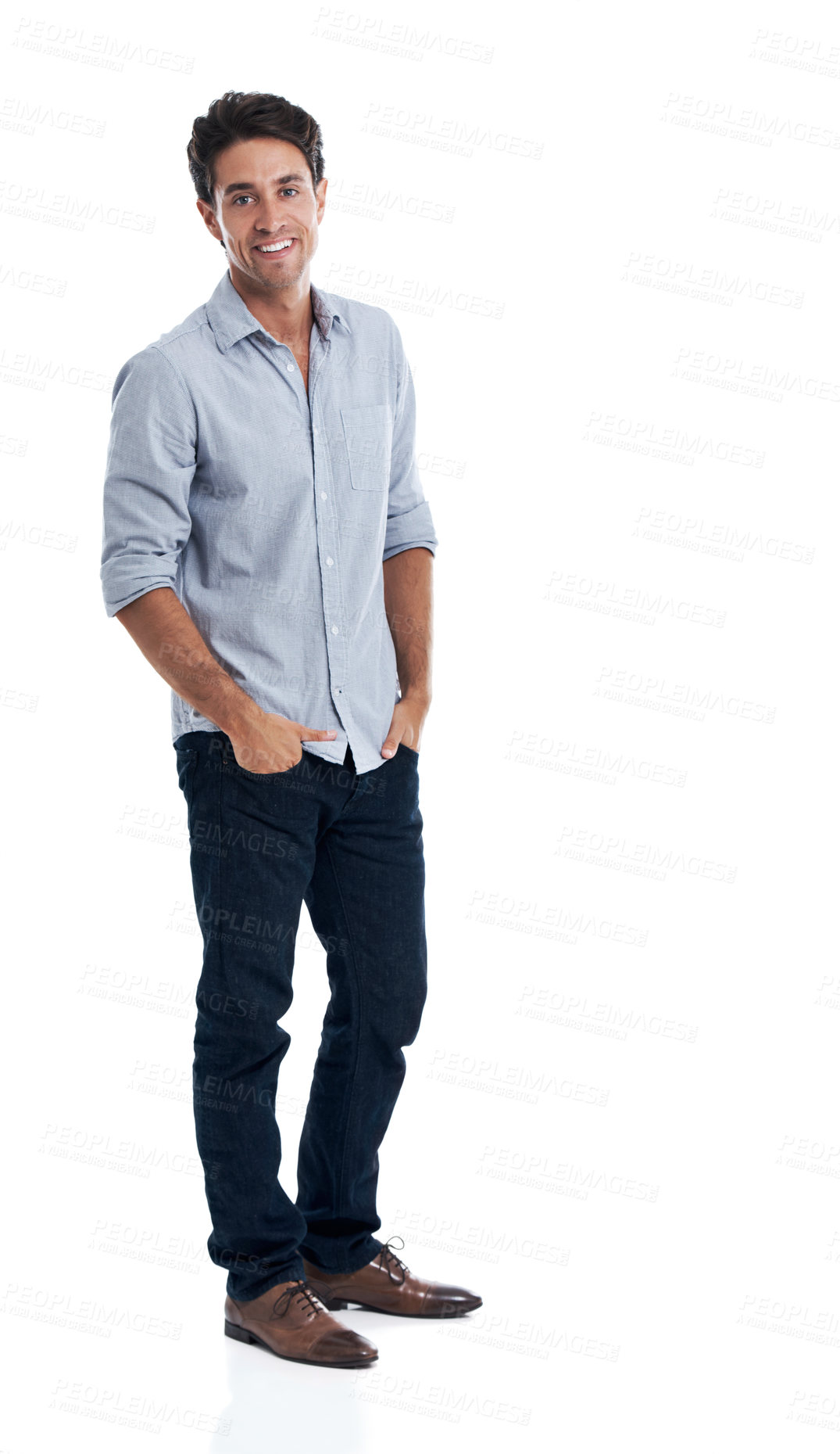 Buy stock photo Happy, professional and portrait of business man in studio for startup, confidence and marketing advisor. About us, branding developer and career growth with person on white background for space