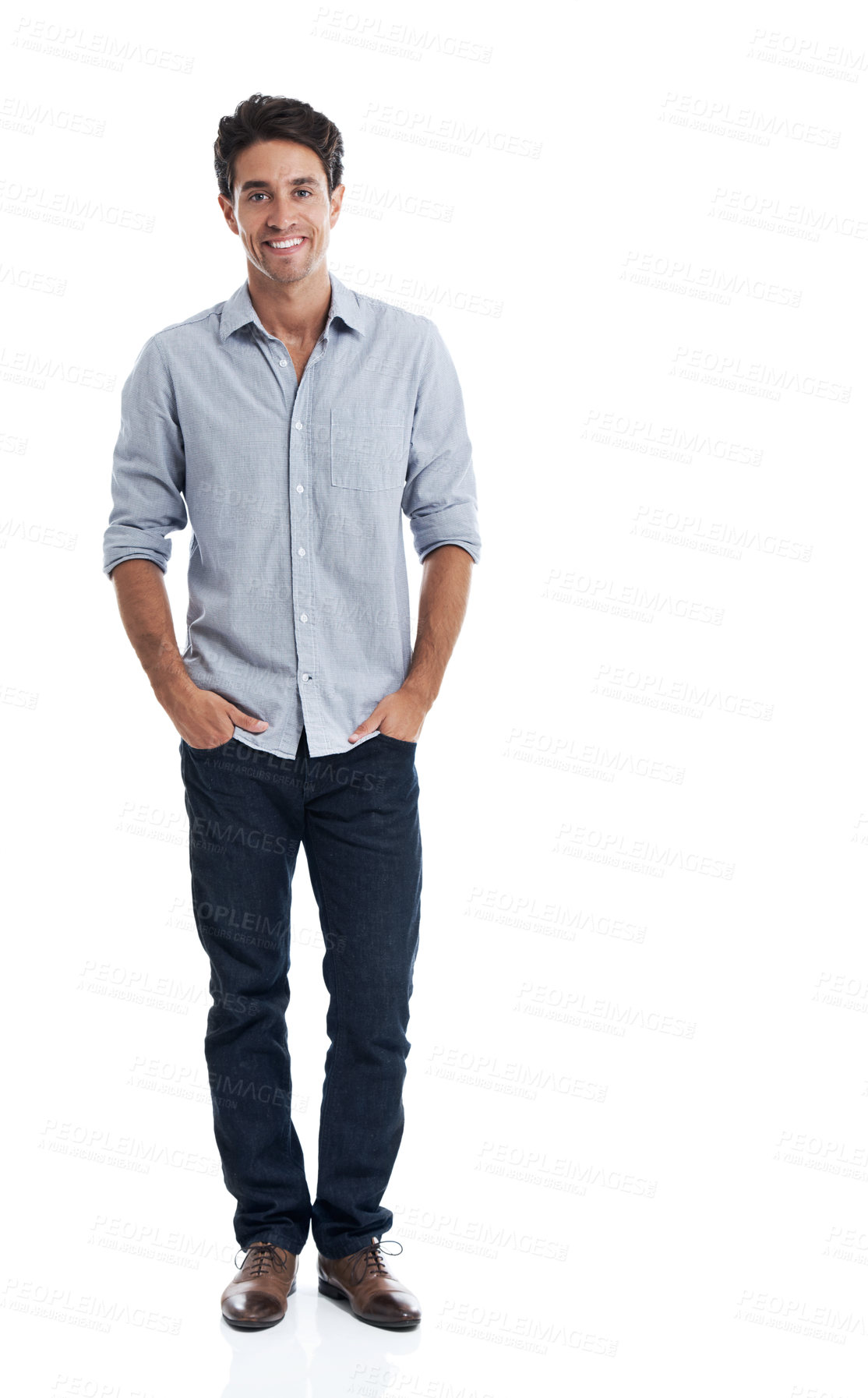 Buy stock photo Smile, confidence and portrait of business man in studio for startup, professional and marketing advisor. About us, branding developer and career growth with person on white background for space