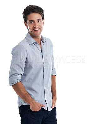 Buy stock photo Handsome man smiling while standing with his hands in his pockets - isolated on white