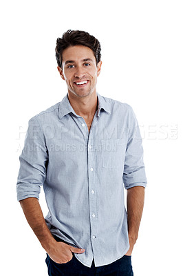 Buy stock photo Handsome man smiling while standing with his hands in his pockets - isolated on white