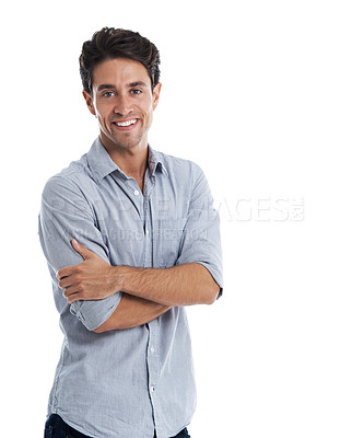 Buy stock photo Portrait of a smiling casual male with his arms crossed - Studio shot