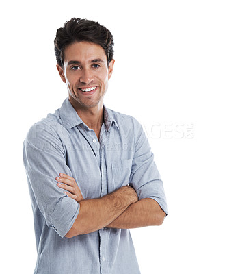 Buy stock photo Portrait of a smiling casual male with his arms crossed - Studio shot