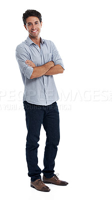 Buy stock photo Portrait of a smiling casual male with his arms crossed - Studio shot