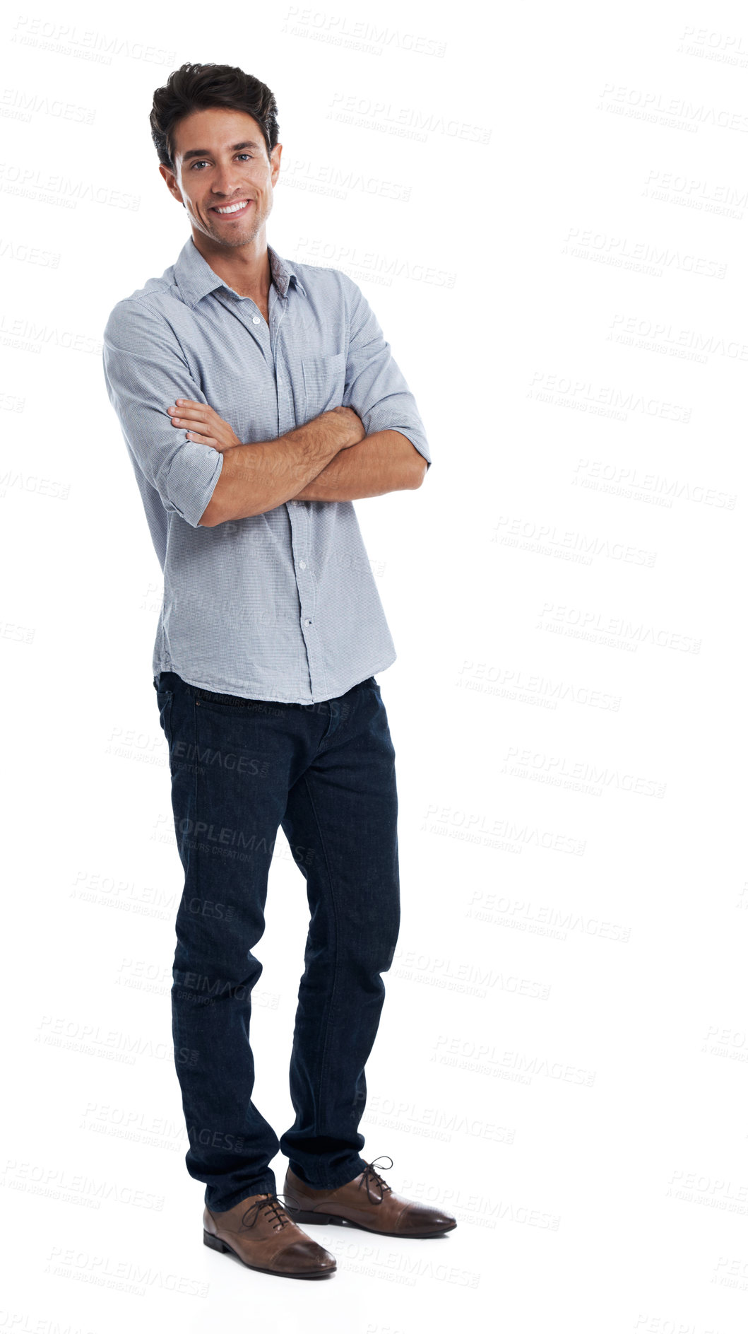 Buy stock photo Business, man and smile with arms crossed in studio for creative internship, career path or pride. Portrait, marketing intern and happy on white background for growth opportunity, ambition and space