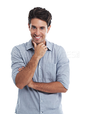Buy stock photo Handsome man isolated on a white background while smiling thoughtfully