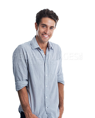 Buy stock photo Portrait of shy smiling man with his hands in his pocket