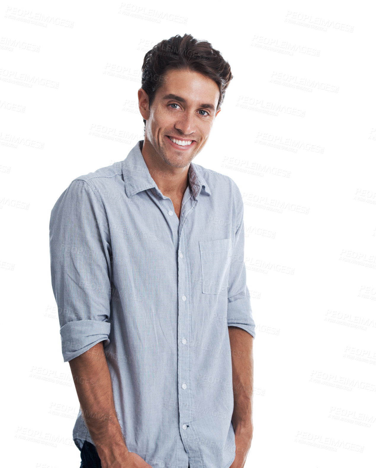 Buy stock photo Smile, opportunity and portrait of business man in studio for startup, confidence and marketing advisor. About us, branding developer and career growth with person on white background for pride