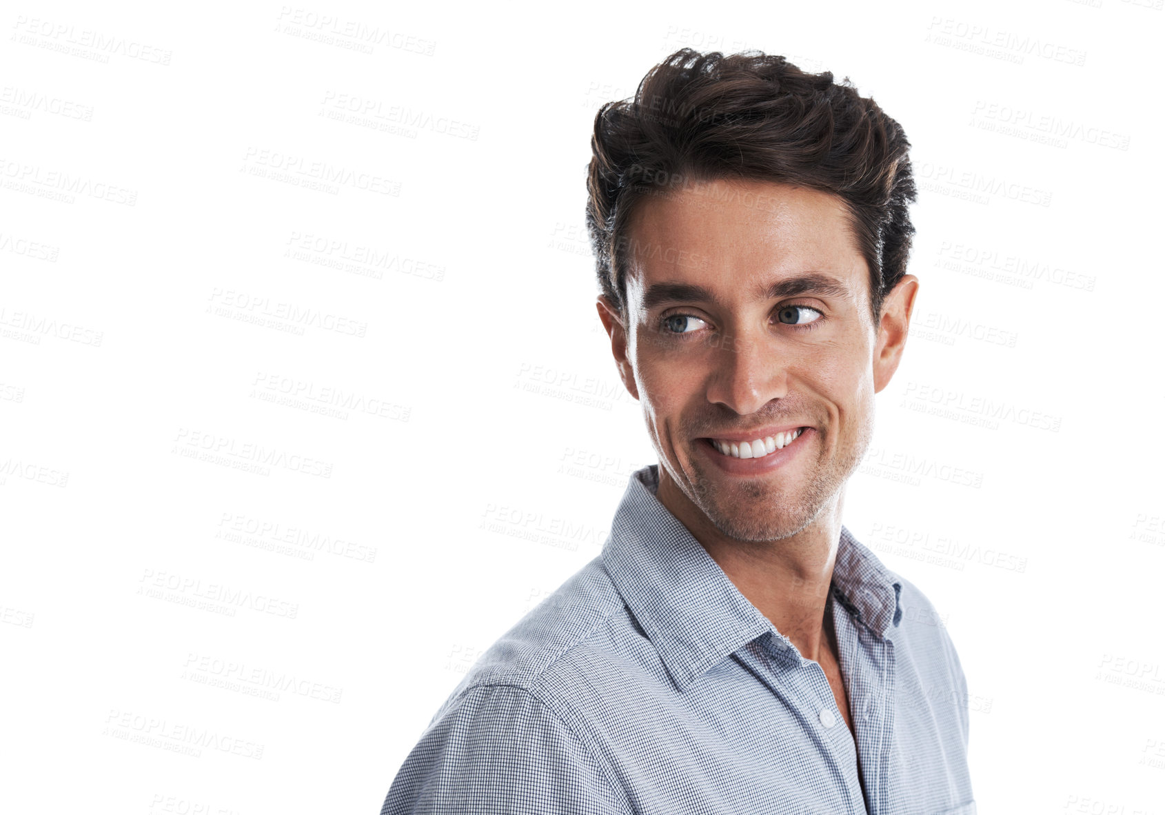 Buy stock photo Handsome young man glancing backwards over his shoulder against a white background