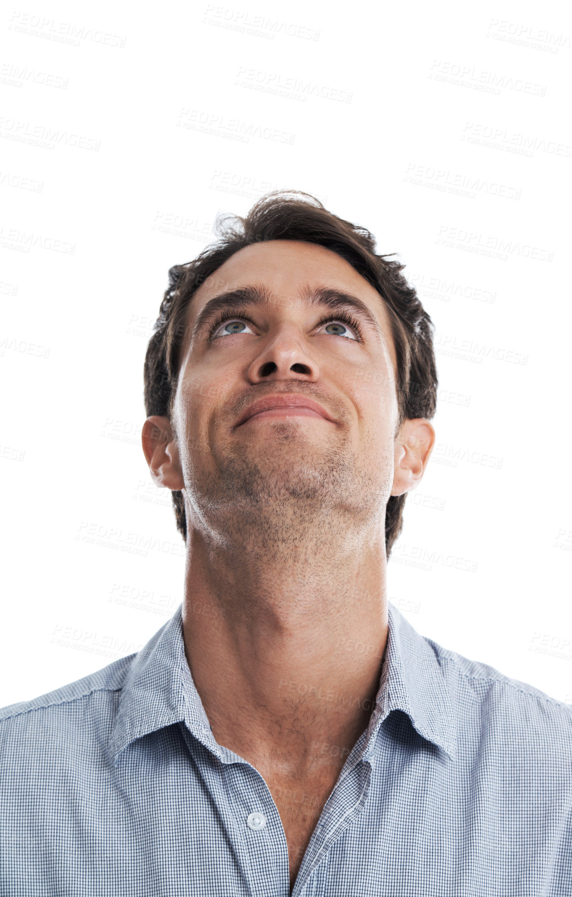 Buy stock photo Vision, space and idea with business man in studio for marketing advisor, pride and info. Promotion, branding manager and career growth with person on white background for announcement and startup