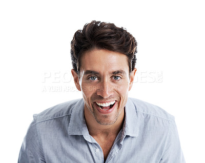 Buy stock photo Portrait of handsome man laughing and smiling while isolated against a white background