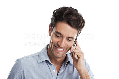 Buy stock photo Cropped shot of a handsome man using his mobile while isolated on a white background
