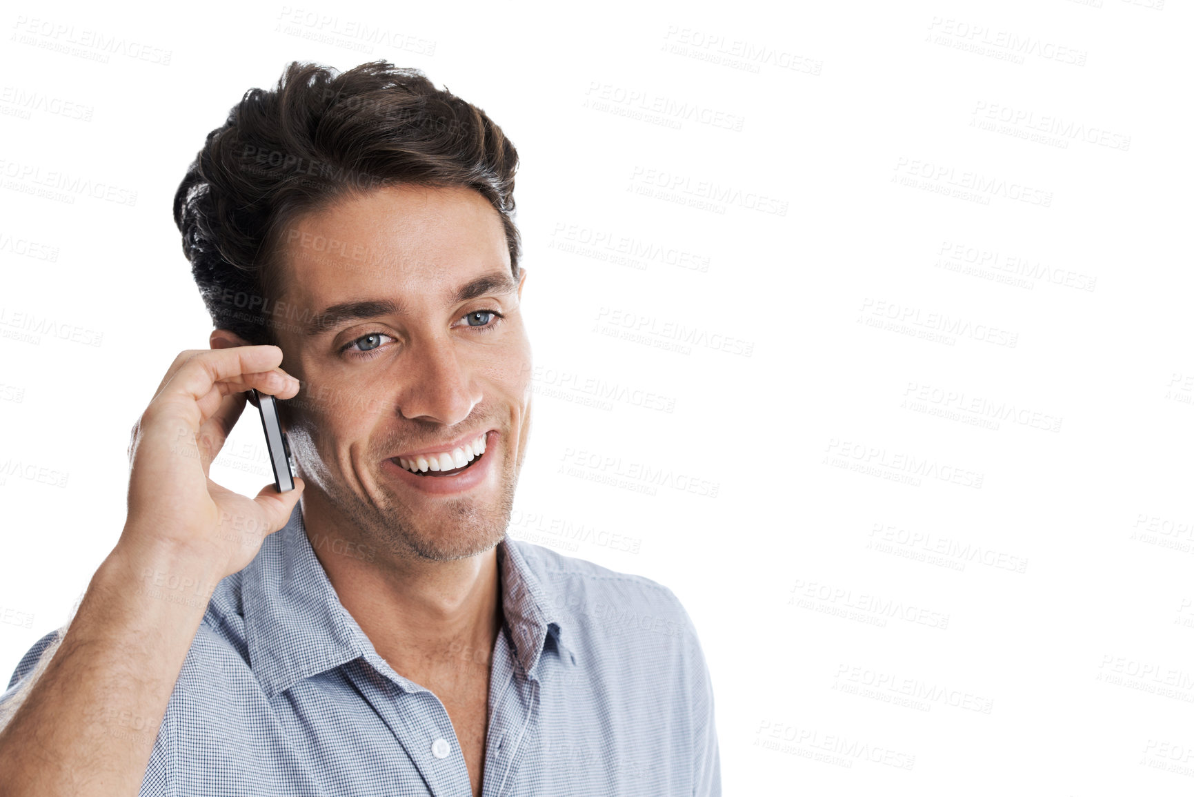 Buy stock photo Creative, man and listen with phone call in studio for source credibility, story info or happy. Mockup, content writer and mobile contact on white background for news update, verify facts or feedback