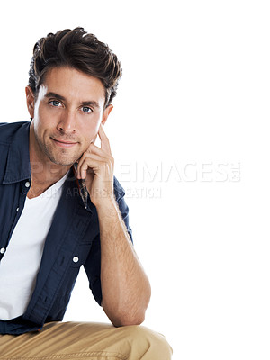 Buy stock photo Handsome man looking thoughtfully at you while isolated on a white background