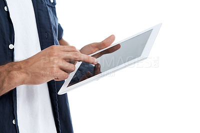 Buy stock photo Closeup of a man using a digital tablet