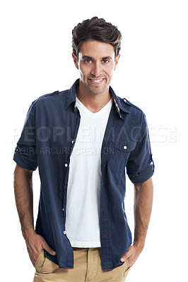 Buy stock photo Portrait of a smiling casual male with his hands in his pocket