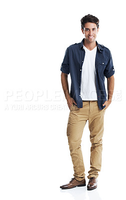 Buy stock photo Portrait of a smiling casual male with his hands in his pocket