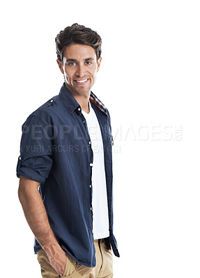 Buy stock photo Portrait of a smiling casual male with his hands in his pocket
