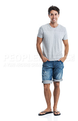 Buy stock photo Full length portrait of a handsome young guy smiling while wearing casual attire
