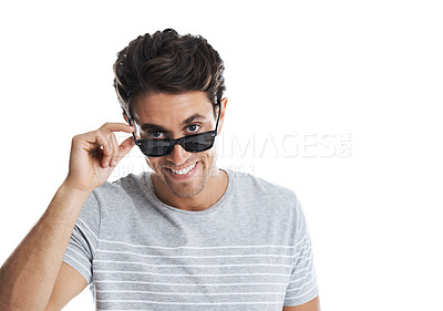 Buy stock photo Handsome young guy wearing trendy shades while smiling - isolated on white