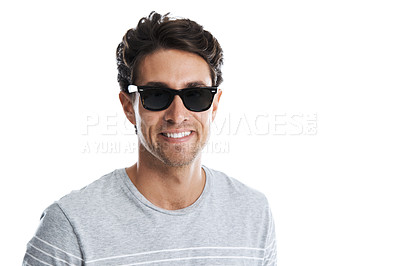 Buy stock photo Handsome young guy wearing trendy shades while smiling - isolated on white