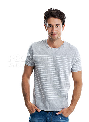 Buy stock photo Handsome young guy smiling while standing isolated against a white background