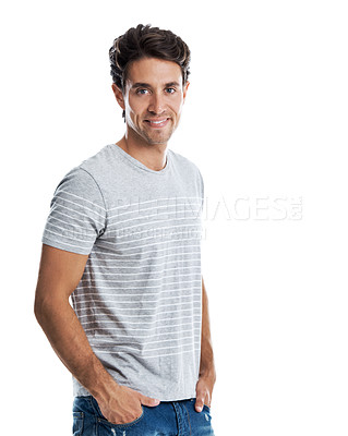 Buy stock photo Handsome young guy smiling while standing isolated against a white background