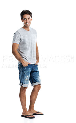 Buy stock photo Full length portrait of a handsome young guy smiling while wearing casual attire