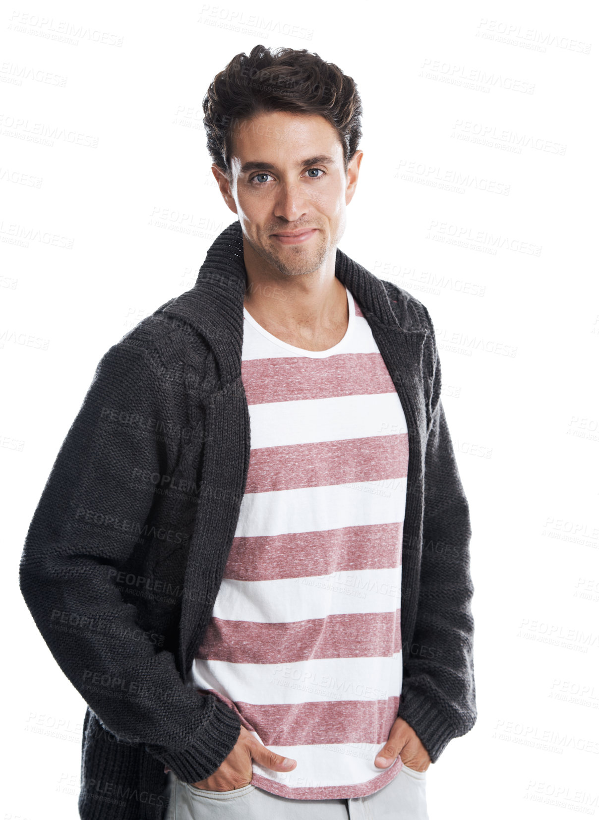 Buy stock photo Pride, style and portrait of man in studio for casual fashion smile and confidence with outfit. Happy, trendy fashionista and cool clothes with person on white background for aesthetic and apparel
