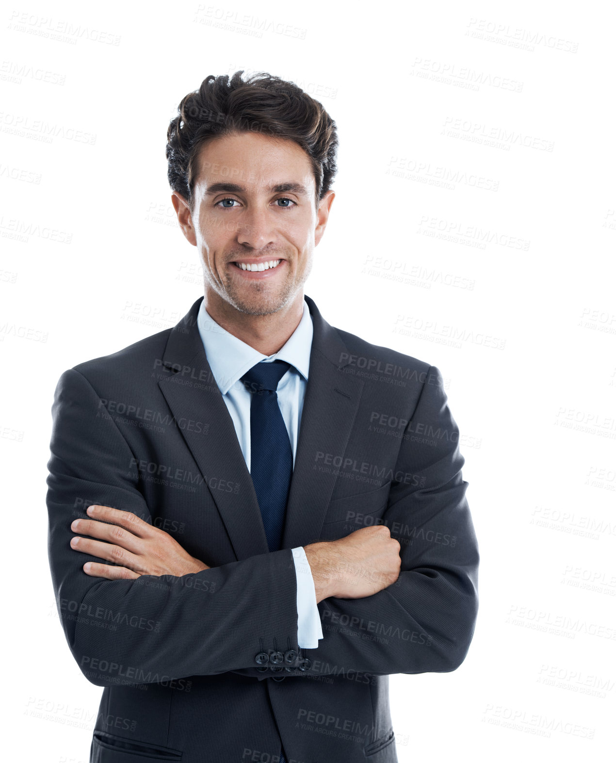 Buy stock photo Arms crossed, portrait and pride with business man in studio as investment banker, smile and about us. Portfolio manager, corporate and professional with person on white background for advisor
