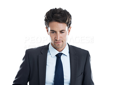 Buy stock photo Contemplative young businessman looking down while isolated on white