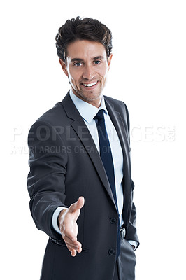 Buy stock photo Portrait of a smiling business man with his hand out ready for a handshake