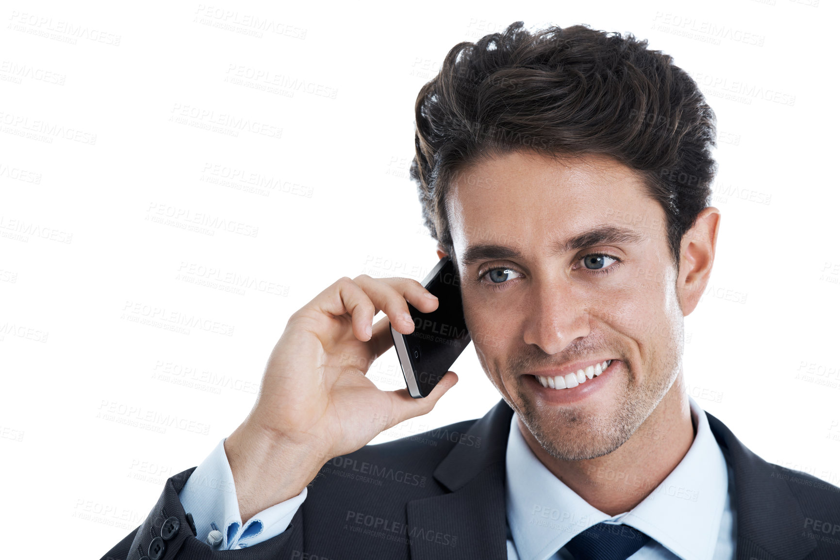 Buy stock photo Phone call, smile and pride with business man in studio for contact, legal advisor and chat. Lawyer feedback, communication and space with person and tech on white background for professional