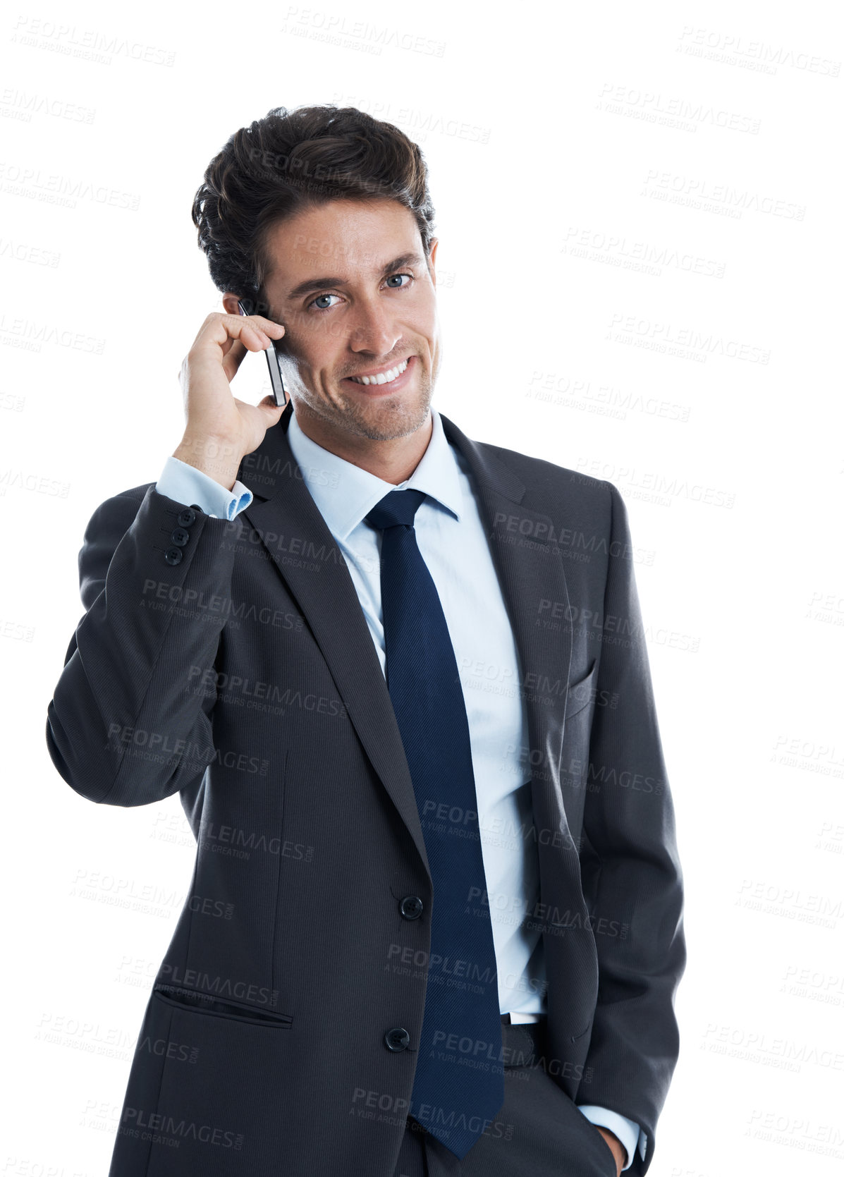 Buy stock photo Phone call, smile and portrait with business man in studio for contact, legal advisor and chat. Lawyer feedback, communication and advisory with person and tech on white background for pride