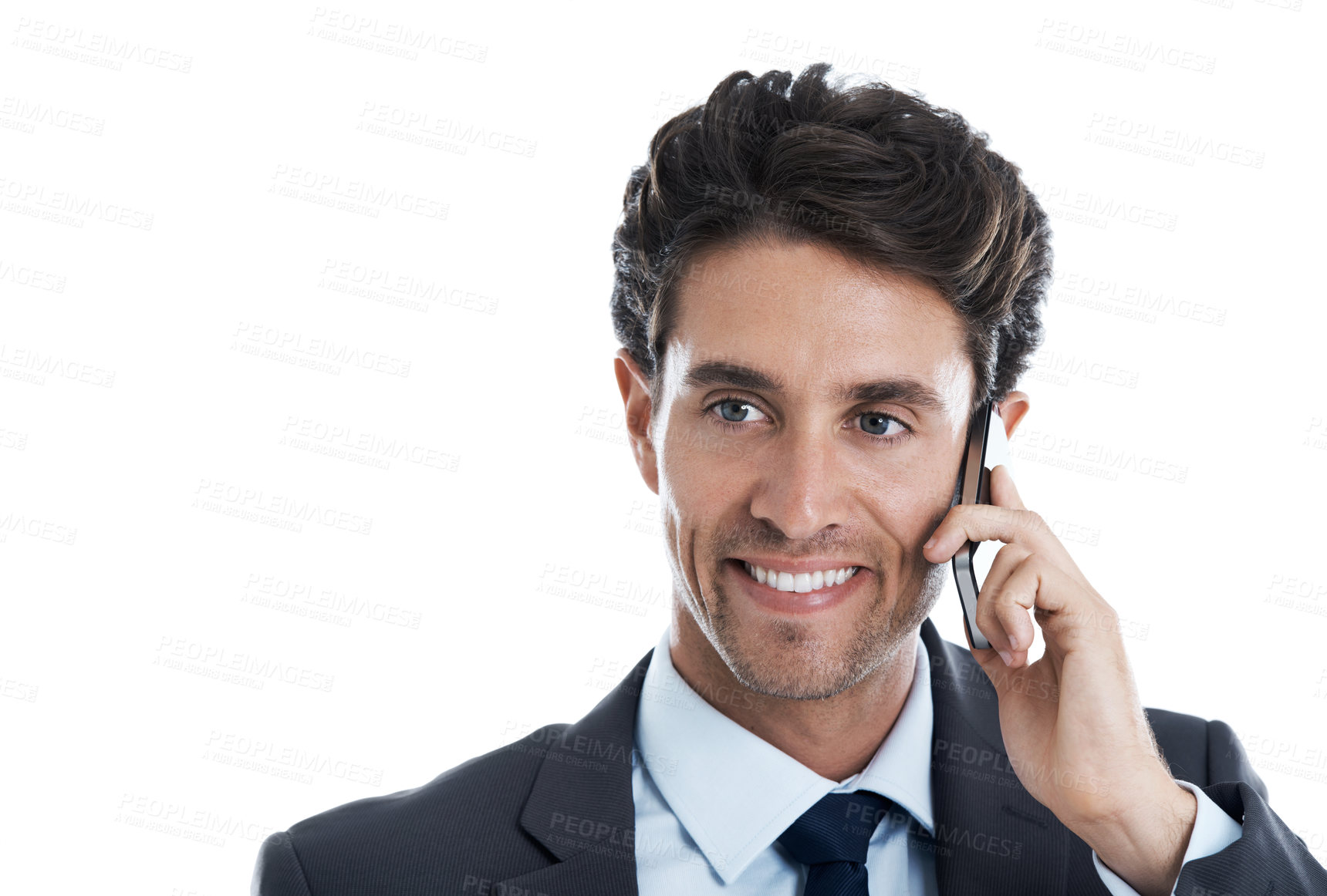 Buy stock photo Phone call, smile and space with business man in studio for contact, legal advisor and chat. Lawyer feedback, communication and advisory with person and tech on white background for pride and talk