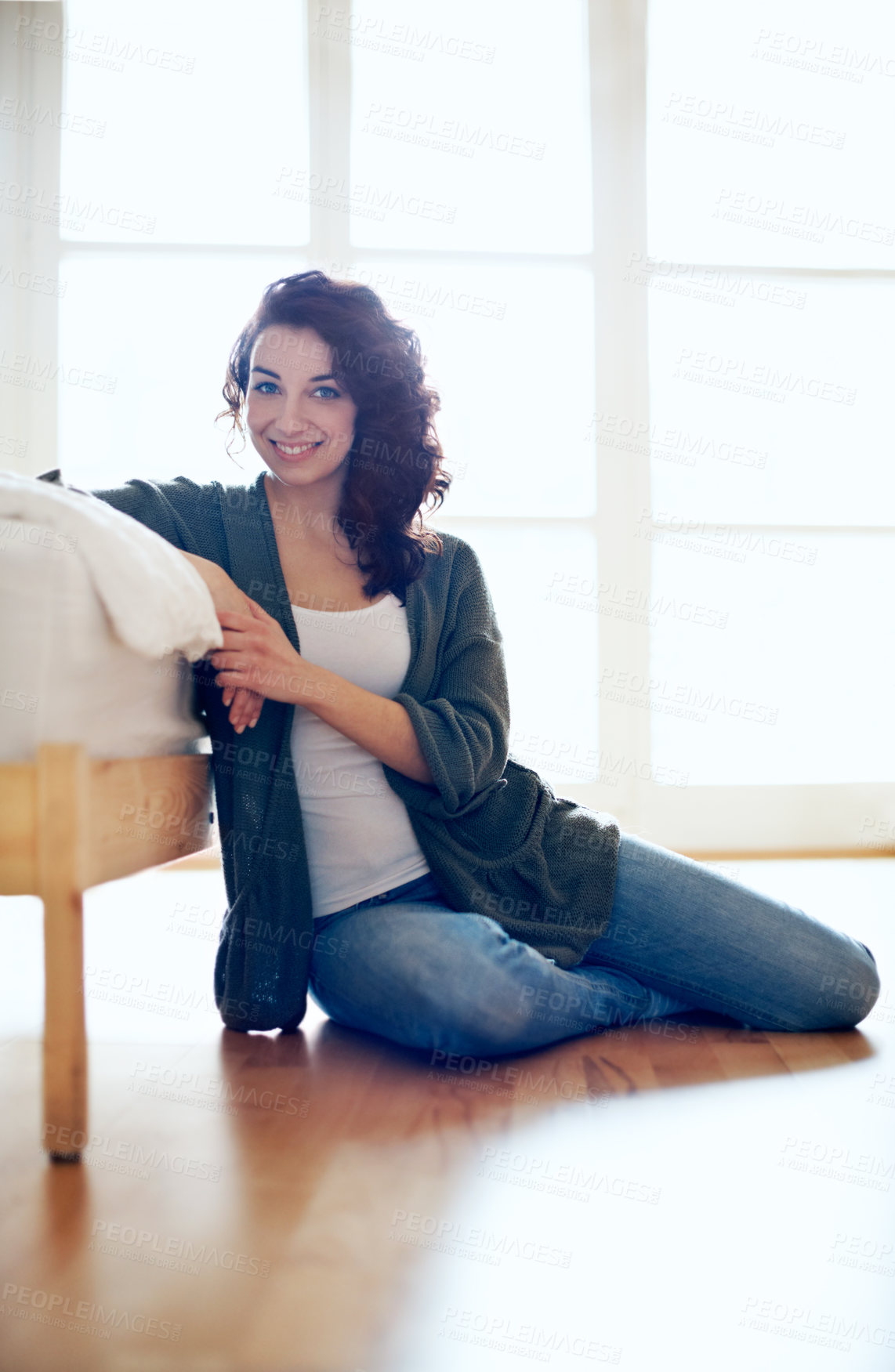 Buy stock photo Smile, floor and portrait of woman in bedroom in home for peace, confidence and wellness. Happiness, positive attitude and weekend break with female person in apartment for calm, satisfaction or rest